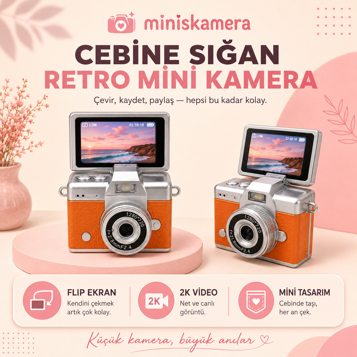 Miniskamera Retro Mini Kamera | Flip Ekranlı 2K