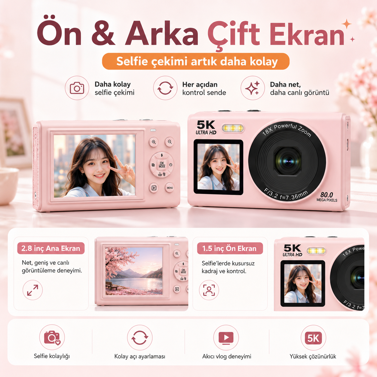5K Çift Ekranlı Dijital Fotoğraf Makinesi