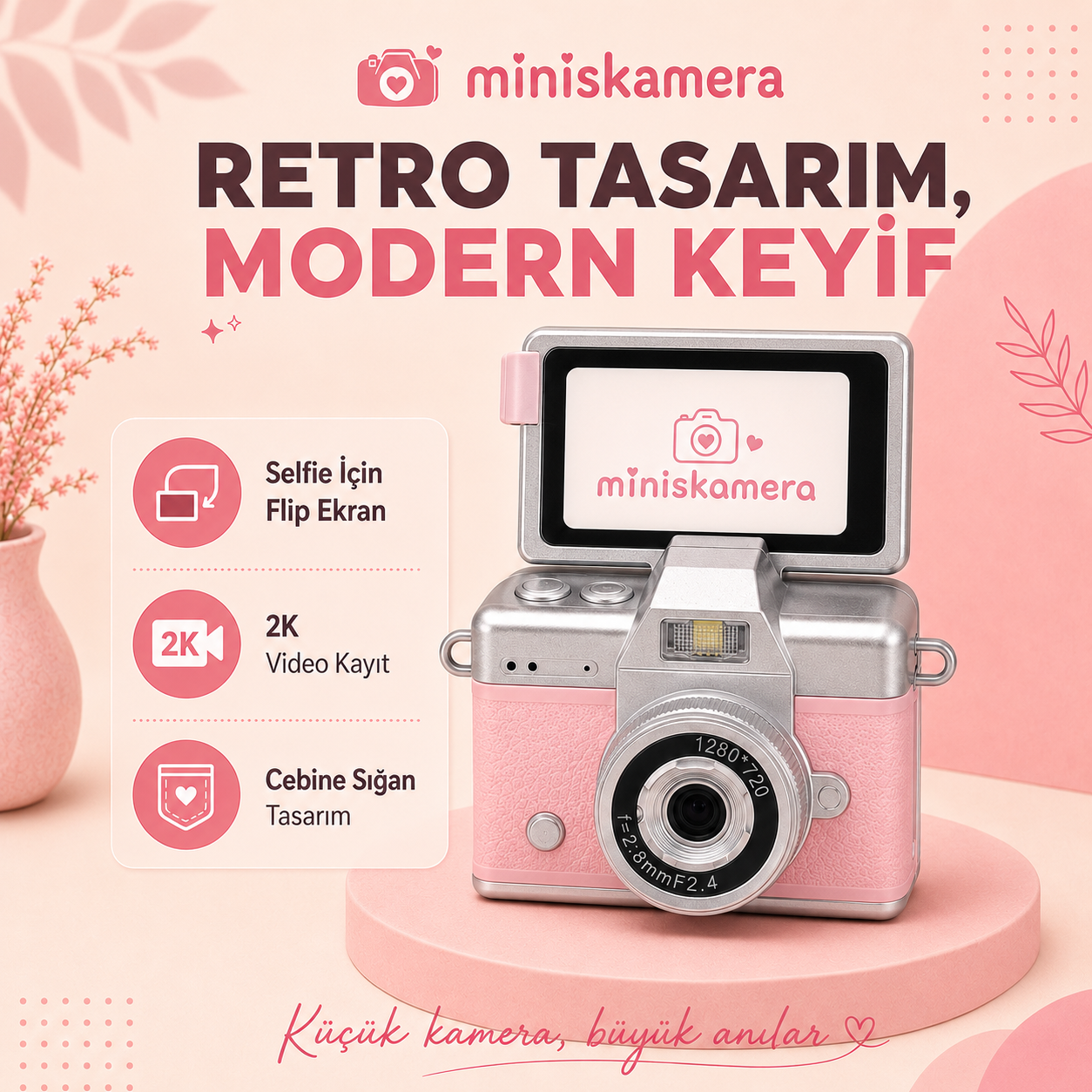Miniskamera Retro Mini Kamera | Flip Ekranlı 2K